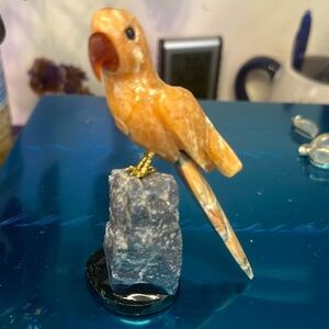 Orange calcite parakeet on a soda, light and onyx stand